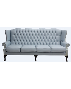 Chesterfield 4 Seater Flat Wing High Back Shelly Parlour Blue Leather Sofa In Queen Anne Style