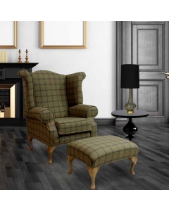 Chesterfield Fireside High Back Armchair + Footstool Wool Tweed Althrop Topaz In Queen Anne Style