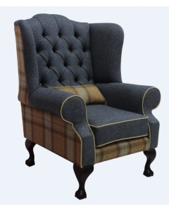 Chesterfield Fireside High Back Wing Chair Skye Sage/Grey Check Tweed Wool In Mallory Style