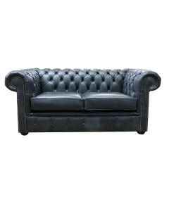 Chesterfield Handmade 2 Seater Sofa Settee Cracked Wax Black Real Leather In Stock