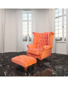 Chesterfield High Back Wing Chair + Footstool Azzuro Tangerine Fabric In Queen Anne Style   