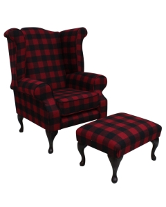 Chesterfield High Back Wing Chair + Footstool Buffalo Red Wool In Queen Anne Style