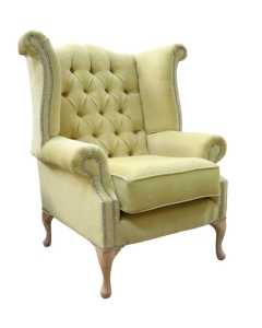 Chesterfield High Back Wing Chair Pimlico Lemon Real Fabric In Queen Anne Style