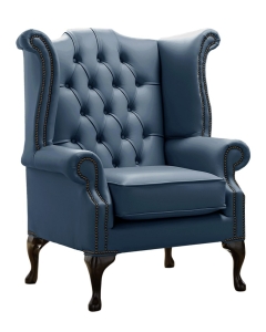 Chesterfield High Back Wing Chair Shelly Majolica Blue Leather Bespoke In Queen Anne Style