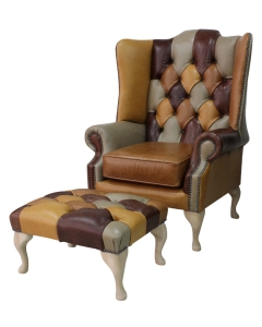 Chesterfield Prince's High Back Wing Chair + Footstool Patchwork Old English Leather In Mallory Style