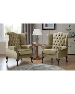 Chesterfield Queen Anne Beatrice + Carlton Flat Wing Armchairs Malta Parchment 10