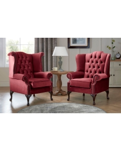 Chesterfield Queen Anne Beatrice + Carlton Flat Wing Armchairs Malta Red 14