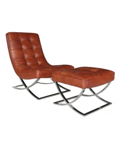 Vintage Chesterfield Buttoned Lounge Chair With Footstool Tan Real Leather