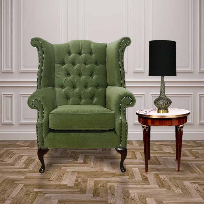 Sage Green Fabric Chesterfield Wing Chair Queen Anne Style
