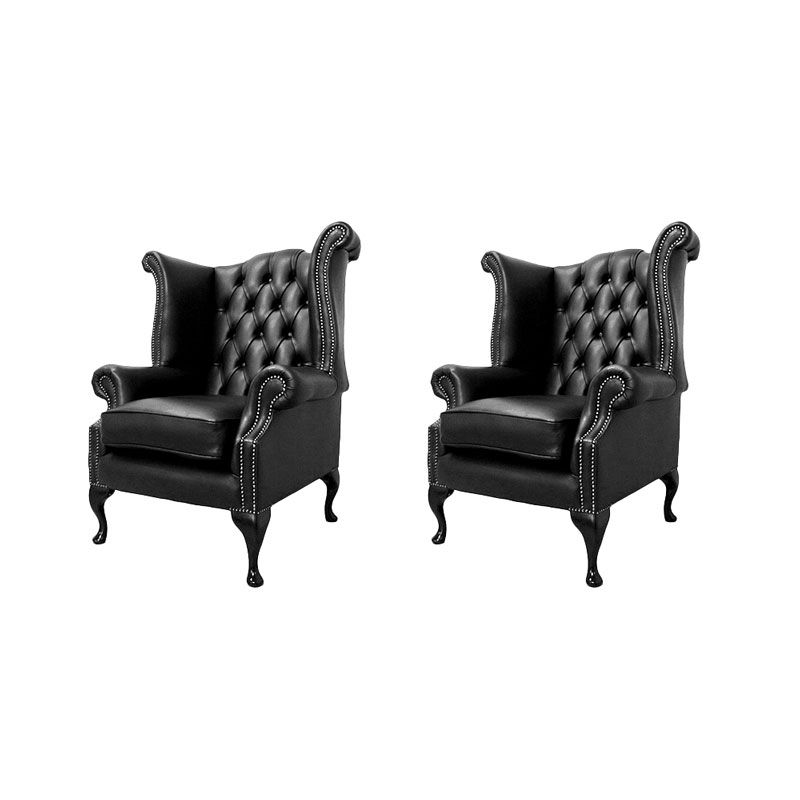 2 High Back Old English Black Leather Chairs Queen Anne Style