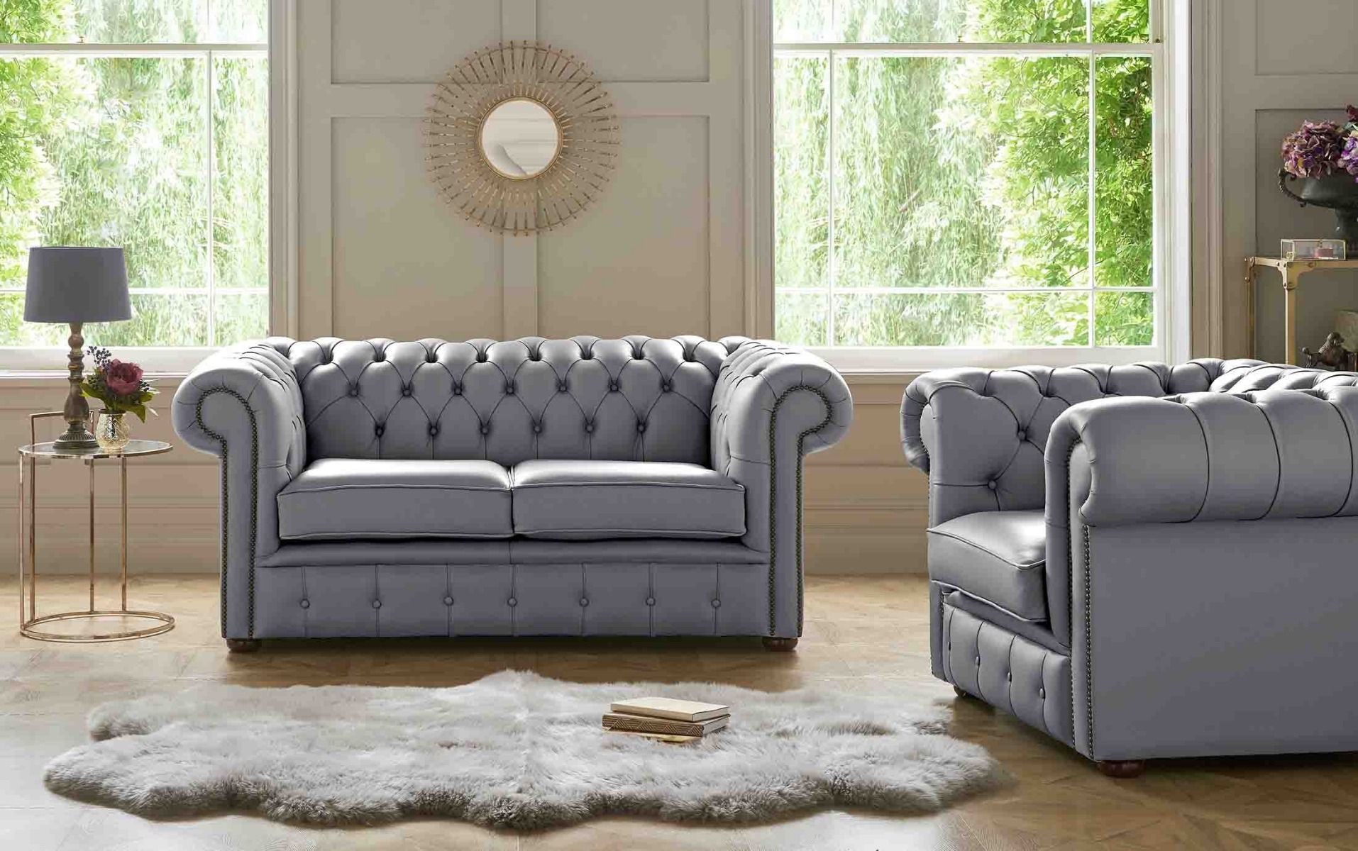 Grey leather chesterfield store armchair