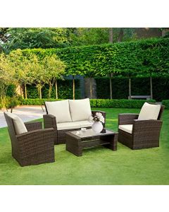 Amanda Brown/Beige Rattan Garden 2 Seater Sofa and 2 Armchairs With Coffee Table
