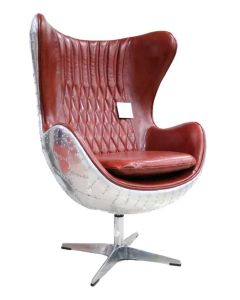 Aviator Aviation Swivel Egg Armchair Aluminium Vintage Rouge Red Distressed Leather 