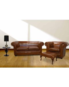 Chesterfield 1930 2 Seater + Club Chair + Footstool Sofa Suite Old English Bruciatto Leather 