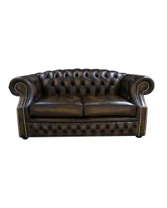 Chesterfield 2 Seater Antique Gold Leather Sofa Bespoke In Buckingham Style