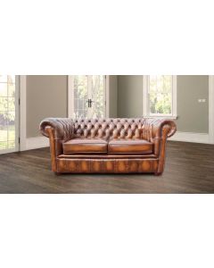 Chesterfield 2 Seater Antique Tan Leather Sofa Settee In Classic Style