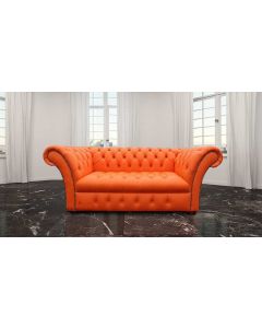 Chesterfield 2 Seater Buttoned Seat Mandarin Orange Leather Sofa Settee In Balmoral Style