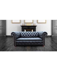 Chesterfield 2 Seater Buttoned Seat Silver Stud Sofa Black Real Leather In Classic Style 