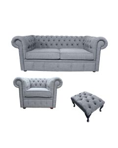 Chesterfield 2 Seater + Club Chair + Footstool Verity Plain Steel Grey Fabric Sofa Suite