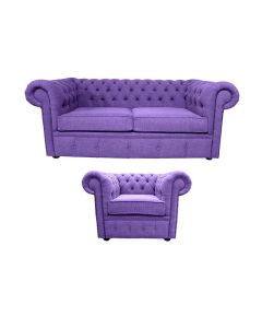 Chesterfield 2 Seater + Club chair Sofa Suite Verity Purple Fabric In Classic Style