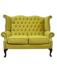 Chesterfield 2 Seater High Back Sofa Amalfi Buttercup Yellow Velvet Fabric In Queen Anne Style