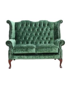Chesterfield 2 Seater High Back Sofa Modena Forest Green Velvet Fabric In Queen Anne Style