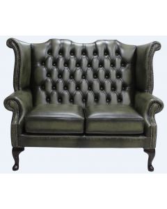 Chesterfield 2 Seater High Back Wing Sofa Antique Olive Leather In Queen Anne Style  