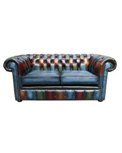 Chesterfield 2 Seater Patchwork Antique Blue Leather Sofa Settee In Classic Style