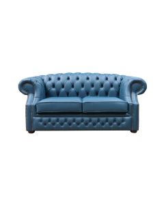Chesterfield 2 Seater Sofa Majolica Blue Real Leather In Buckingham Style