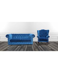 Chesterfield 2 Seater + Wing Chair Sofa Suite In Royal Blue Velvet Fabric 