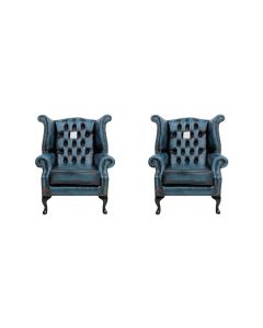 Chesterfield 2 x High Back Chairs Antique Blue Leather Bespoke In Queen Anne Style
