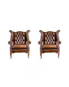 Chesterfield 2 x High Back Chairs Antique Gold Leather Bespoke In Queen Anne Style