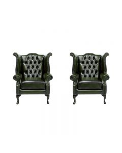 Chesterfield 2 x High Back Chairs Antique Green Leather Bespoke In Queen Anne Style