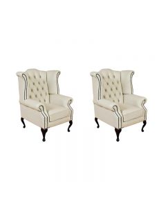 Chesterfield 2 x High Back Chairs Cottonseed Cream Leather Bespoke In Queen Anne Style