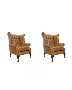 Chesterfield 2 x High Back Chairs Old English Tan Leather Bespoke In Queen Anne Style
