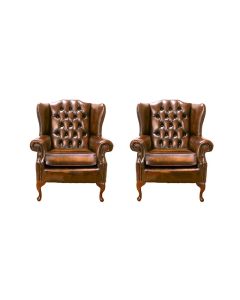 Chesterfield 2 x Wing Chair Antique Gold Leather Bespoke In Mallory Style