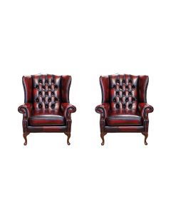 Chesterfield 2 x Wing Chair Antique Oxblood Leather Bespoke In Mallory Style