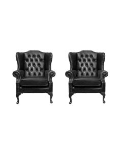 Chesterfield 2 x Wing Chair Old English Black Leather Bespoke In Mallory Style