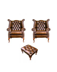 Chesterfield 2 x Wing Chairs +­ Footstool Antique Gold Leather In Queen Anne Style