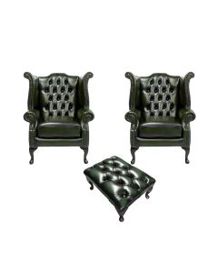 Chesterfield 2 x Wing Chairs +­ Footstool Antique Green Leather In Queen Anne Style