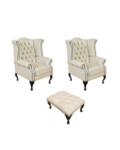 Chesterfield 2 x Wing Chairs + ­Footstool Cottonseed Cream Leather In Queen anne Style