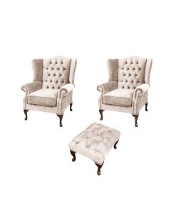 Chesterfield 2 x Wing Chairs + Footstool Harmony Ivory Velvet In Mallory Style