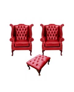 Chesterfield 2 x Wing Chairs +­ Footstool Old English Gamay Red Leather In Queen Anne Style