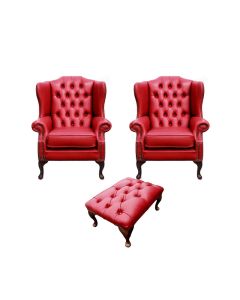 Chesterfield 2 x Wing Chairs + Footstool Old English Gamay Red Leather In Mallory Style