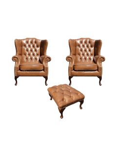 Chesterfield 2 x Wing Chairs + Footstool Old English Tan Leather In Mallory Style