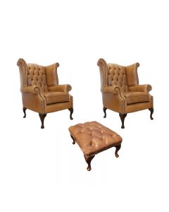 Chesterfield 2 x Wing Chairs +­ Footstool Old English Tan Leather In Queen Anne Style