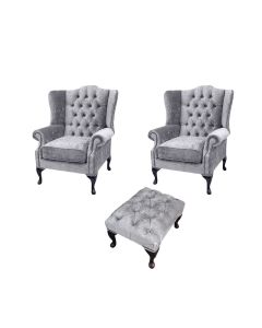 Chesterfield 2 x Wing Chairs + Footstool Perla Illusions Grey Velvet In Mallory Style