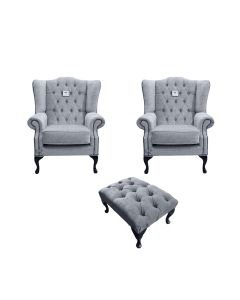 Chesterfield 2 x Wing Chairs + Footstool Verity Plain Steel Fabric In Mallory Style
