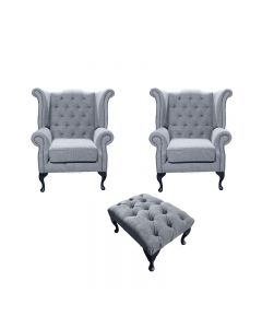 Chesterfield 2 x Wing Chairs + Footstool Verity Plain Steel Fabric In Queen Anne Style