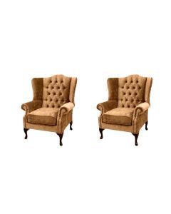 Chesterfield 2 x Wing Chairs Harmony Crush Gold Velvet Fabric In Mallory Style